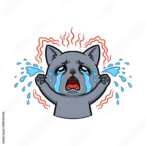 Gray cat crying with tears and lightning bolts around