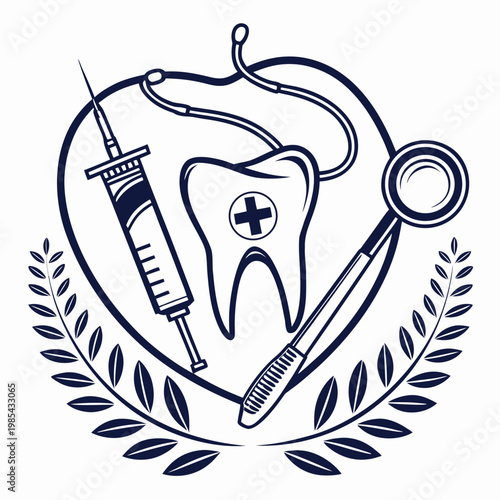 Dental clinic emblem with tooth symbol syringe mirror and stethoscope icon
