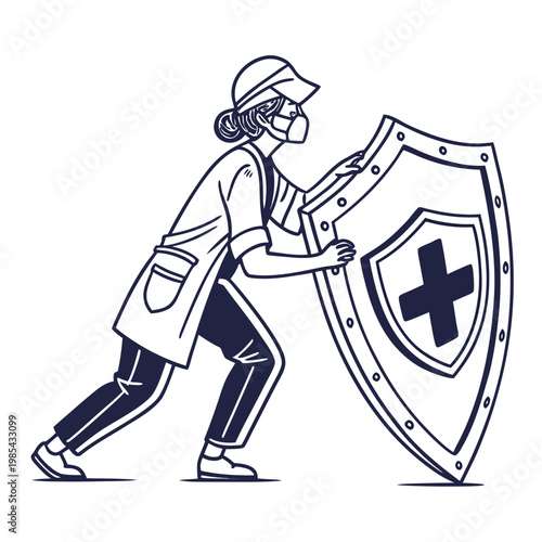 Female medical professional in mask holding large protective medical shield