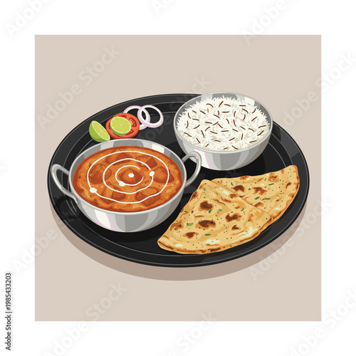 Indian meal: dal makhani, rice, and paratha on a black plate