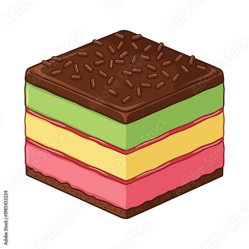 Layered neapolitan cake with chocolate sprinkles and colorful fillings