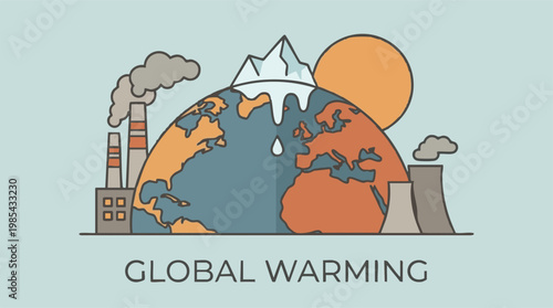 Global Warming concept with melting ice cap, polluting factories and hot Earth