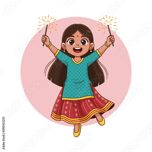 Joyful girl in traditional blue and red skirt holding sparklers