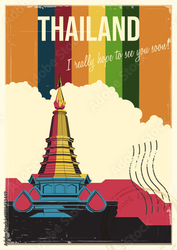 Thailand Attraction Postcard, Chiang Mai Pagoda Doi Inthanon Popular Place Illustration, Vector Template Retro Style Greeting Card with handwriting wish. 1970s - 1980s Color Lines, Aged Paper Texture