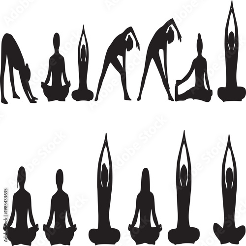 Silhouette yoga poses sequence in black and white minimalist illustration for wellness and meditation