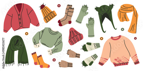 Warm winter clothing doodle set, cute hand drawn sweaters, cardigans, scarves, hats, socks and mittens. Cozy autumn and winter wardrobe textured vector illustration with grainy texture