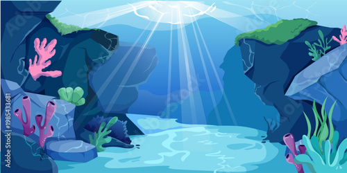 Underwater ocean cave with corals in cartoon style on a blue deep background, concept of life exploration. Vector illustration