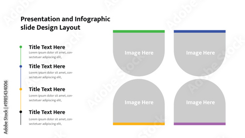 Infographic presentation slide layout with vertical timeline and four image placeholders