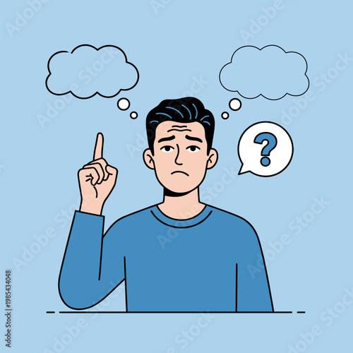 Canvas Print Thoughtful young man with question mark thought bubble in blue background