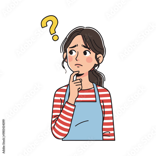 Pensive woman in red striped shirt and blue apron with question mark