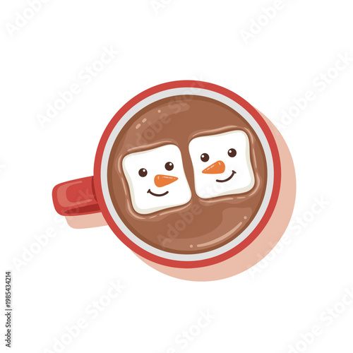 Red mug with hot chocolate and two smiling marshmallows