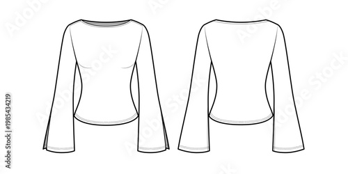 Women's Boat Neck Long-Sleeve Asymmetric Top with Flared Side Slit Sleeves-Front and Back View- Fashion Flat- Vector Illustration- CAD Mock-up	
