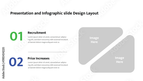Infographic presentation template outlines two key topics with numbered sections and image boxes