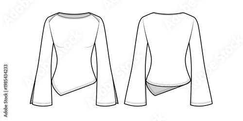 Women's Long-Sleeve Asymmetric Top with Saddle Shoulder and Side Slit Hem Flared Sleeves-Front and Back View- Fashion Flat- Vector Illustration- CAD Mock-up	
