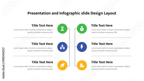 Infographic presentation template features six detailed text sections with colorful topic icons