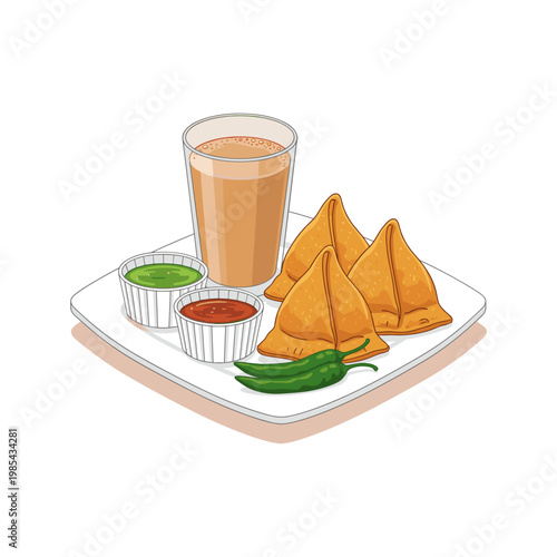 Samosas with dipping sauces and a milky drink on a plate
