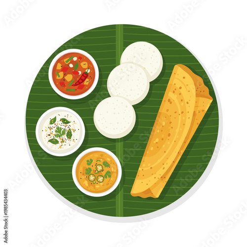 South indian thali with dosa, idli, sambar, chutney on banana leaf