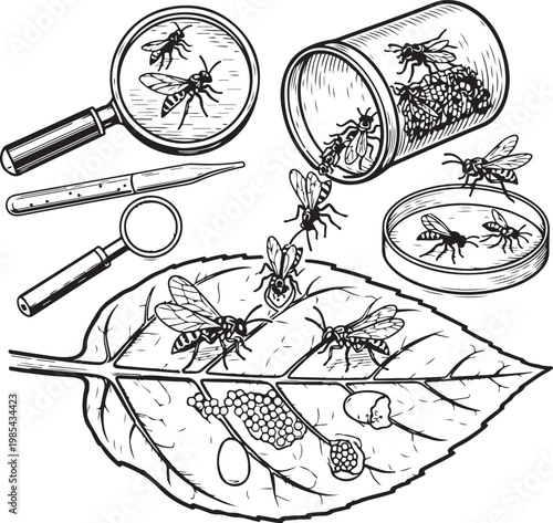 Entomological study of insects on leaves using scientific tools for examination vector illustration