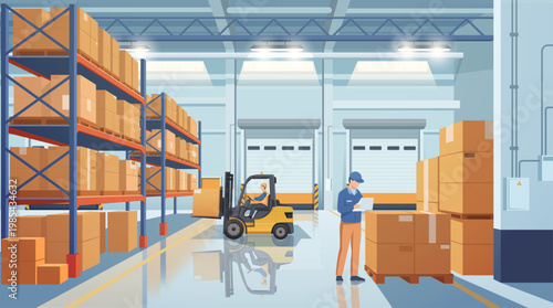 Workers with forklift moving boxes in warehouse, flat style on bright background showing logistics concept. Vector illustration