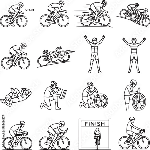 flat design cycling race sequence from start to finish line with triumphant winner illustration