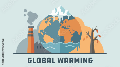 Global warming concept illustration: pollution, melting ice, and climate change