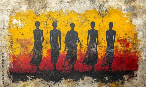 Four Figures Silhouette Against Abstract Textured Background