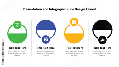 Infographic slide with four colorful circular sections showing icons and text content