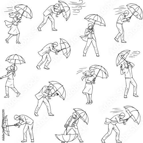 vector illustration of diverse people walking with umbrellas in rain and wind, dynamic weather concept