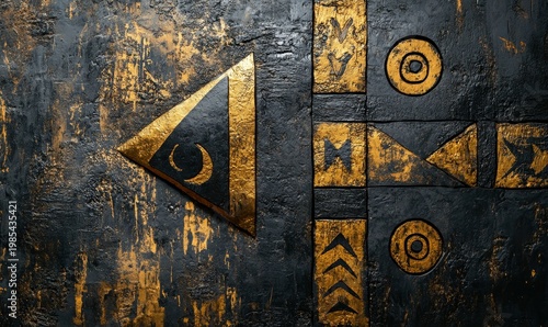 Textured Gold and Black Wall with Ancient Symbol Pattern