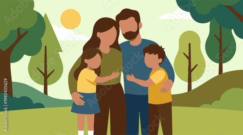 Happy family of four embracing in a green park with trees and sun