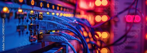 Network Hub and Connection: A detailed view of a network hub reveals a complex array of cables and connections, illuminated by a dynamic blend of vibrant blue and red hues.