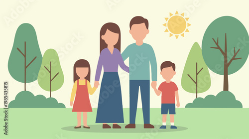 Happy family with two children enjoying a sunny day in a park