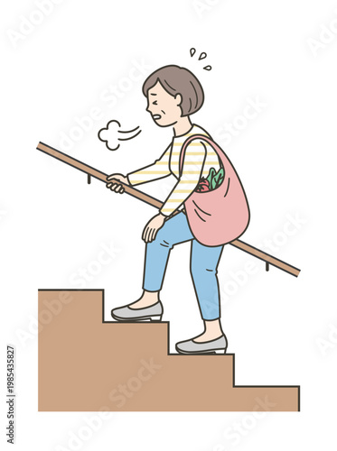 階段を辛そうにため息をつきながら上るミドル世代の女性のイラスト
