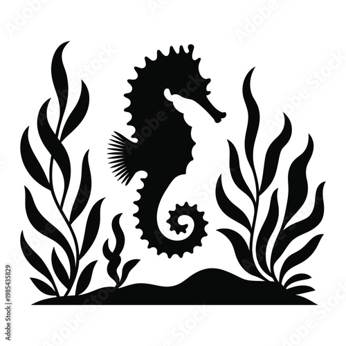 Seahorse swimming among seaweed Vector, Silhouette, Illustration