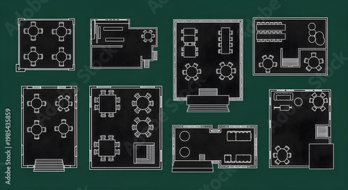 Outdoor Dining and Event Seating Layout Blueprint Icon Set – Individual Tables and Chairs Multi View AutoCAD Landscape Technical Drawing White Outline on Dark Green Background with Black Shapes