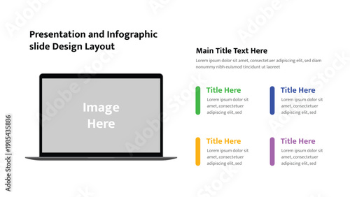 Modern presentation slide layout with laptop mockup and multiple colored text sections