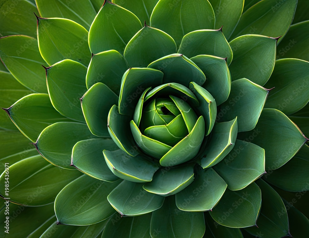 Obraz premium Lush, symmetrical green plant. Close up reveals intricate layers and textures