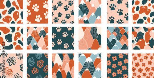 
Boho Nature Seamless Pattern Collection with Paw Prints, Mountain Peaks, Floral, and Abstract Shapes in Earthy Terracotta and Teal Colors for Fabric and Print Designs