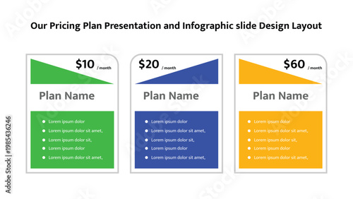Modern pricing plan presentation slide with three colored subscription options and feature lists