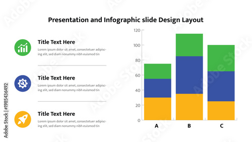 Presentation slide combines a stacked bar chart with three categorical information points and icons