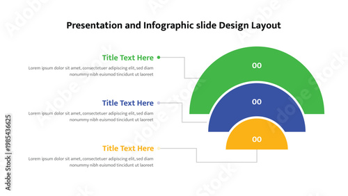 Presentation slide layout displaying hierarchical information using stacked colorful semicircular elements