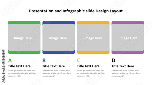Presentation slide template with four image placeholders and numbered content sections A B C D