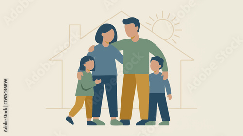 Happy family of four with two children standing in front of a home outline