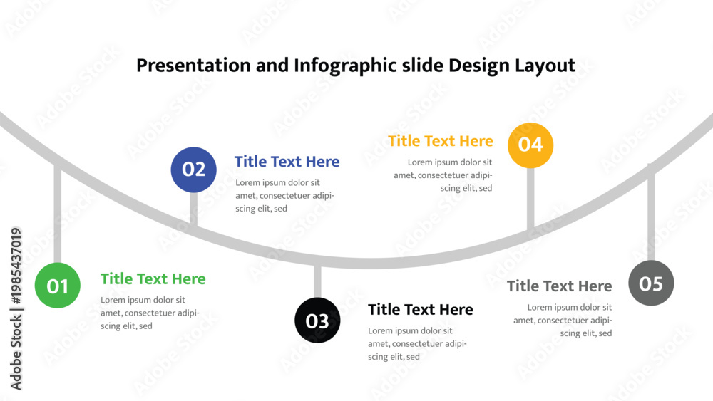 Obraz premium Process timeline infographic slide template with five numbered steps along a curving gray path