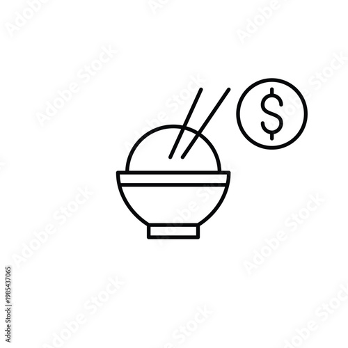 Cooked rice, chopsticks and dollar. Asian food, takeaway and delivery. Pixel perfect, editable stroke vector icon
