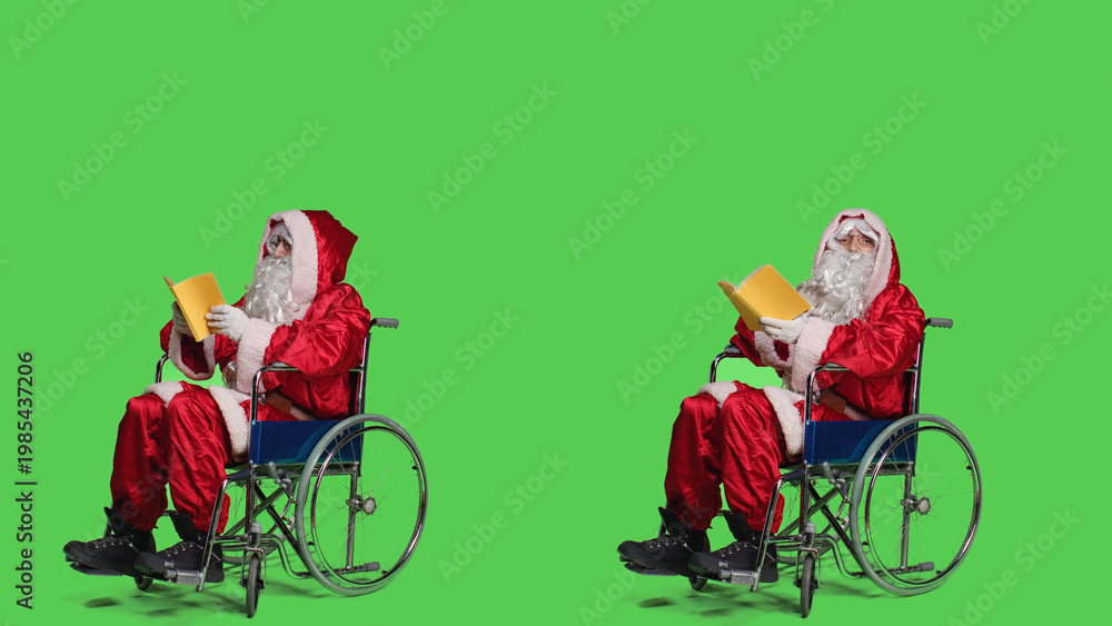 Naklejka premium Santa in wheelchair reads book, enjoying lecture novel story over greenscreen full body. Young man dressed as saint nick with disability, reading literature or fiction for knowledge.