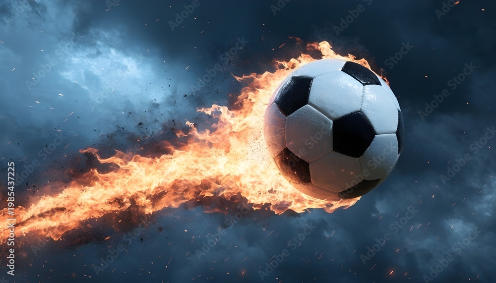 Fototapeta premium Soccer ball on fire flying through dark stormy sky with dramatic flame trail