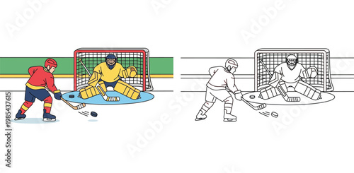  Ice Hockey Forward Player Shooting Puck at Goalie Near Goal Net Illustration in Color and Outline Versions for Coloring Book and Sports Graphics Design