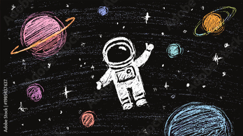Astronaut outer space. Child chalk drawing cosmonaut kid crayon hand drawn spaceman planets galaxy stars spacewalk discovery school blackboard doodle pencil art vector illustration