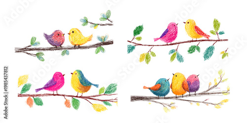 Birds branch drawing. Colorful songbirds couple sitting on tree branches summer autumn leaves, color crayon child hand drawn doodle bird chalk art canary set vector illustration